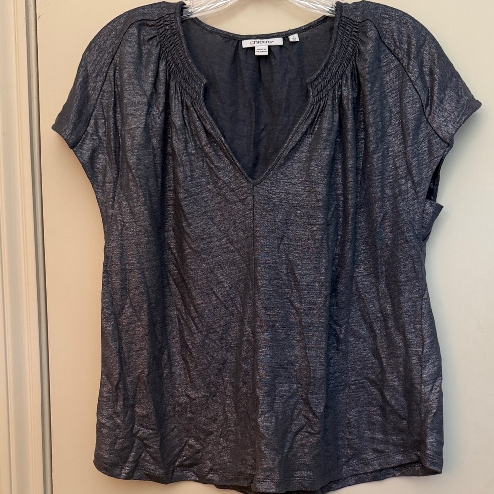 Chico's Metallic Charcoal linen V-Neck Short Sleeve Top